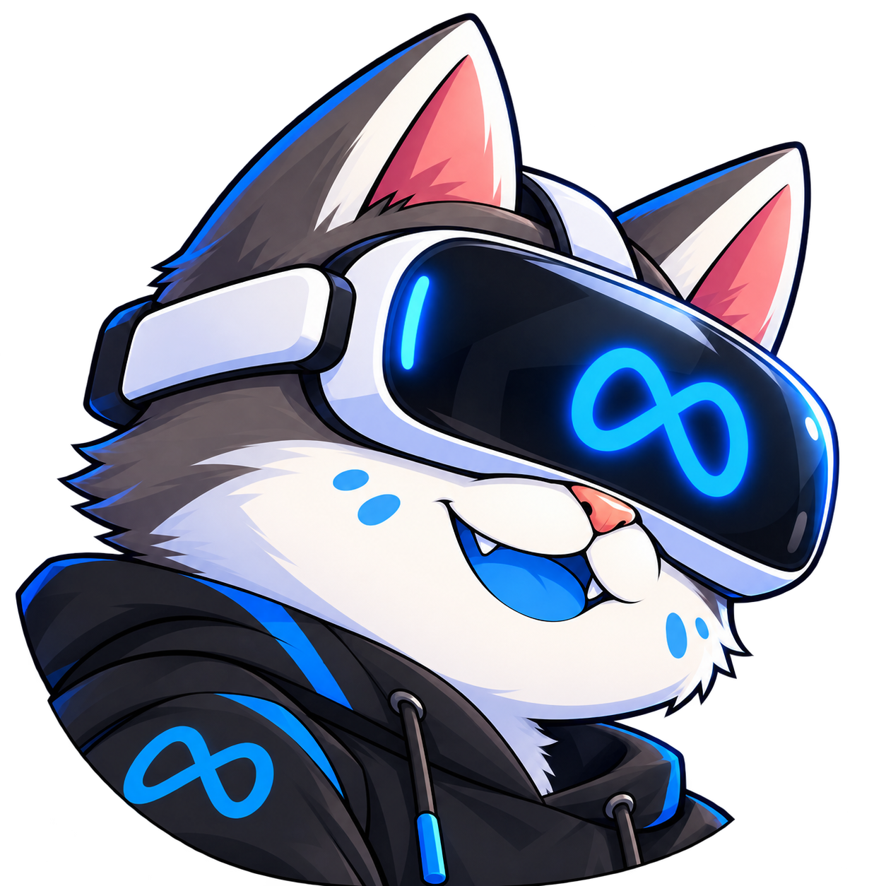 Close-up profile of Meowta's VR headset, white plastic with the infinity mark and camera sensors