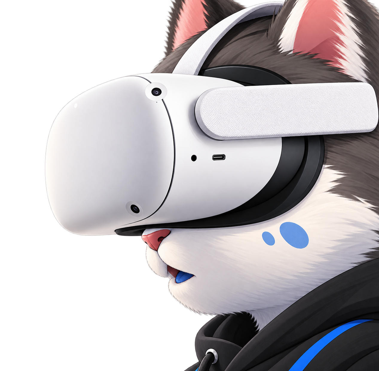 Meowta mascot, a grey and white cat wearing a VR headset lit with the infinity mark